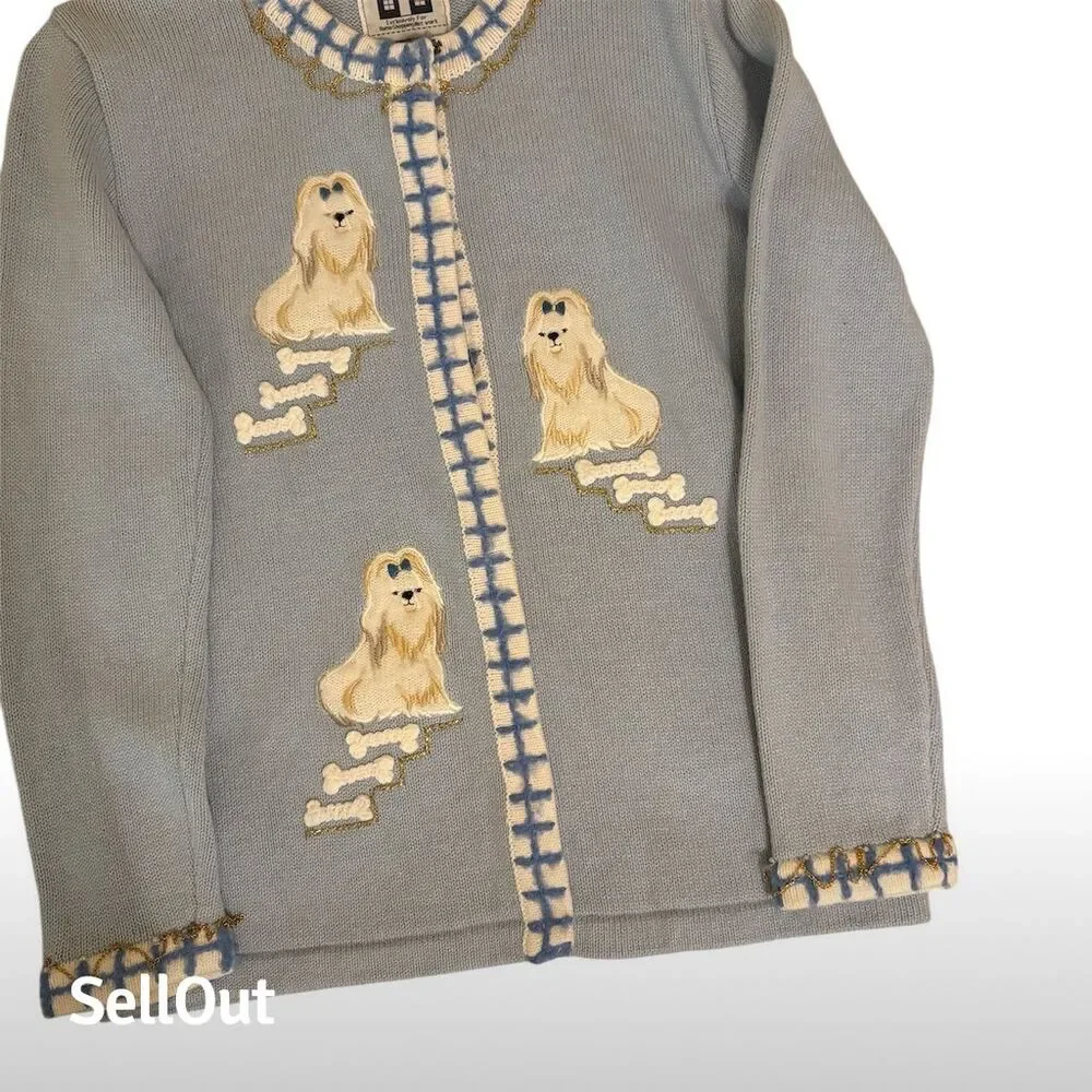 Vintage Storybook Knits Dog Cardigan Sweater Blue Women's XS Long Sleeve - Picture 1 of 5